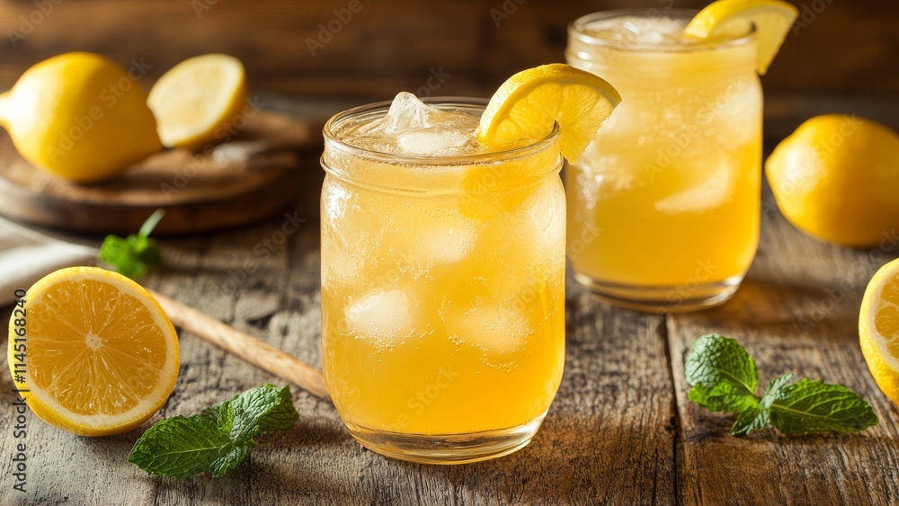 Refreshing lemon drinks served in glass jars with mint leaves Refreshing lemon drinks served in glass jars with mint leaves