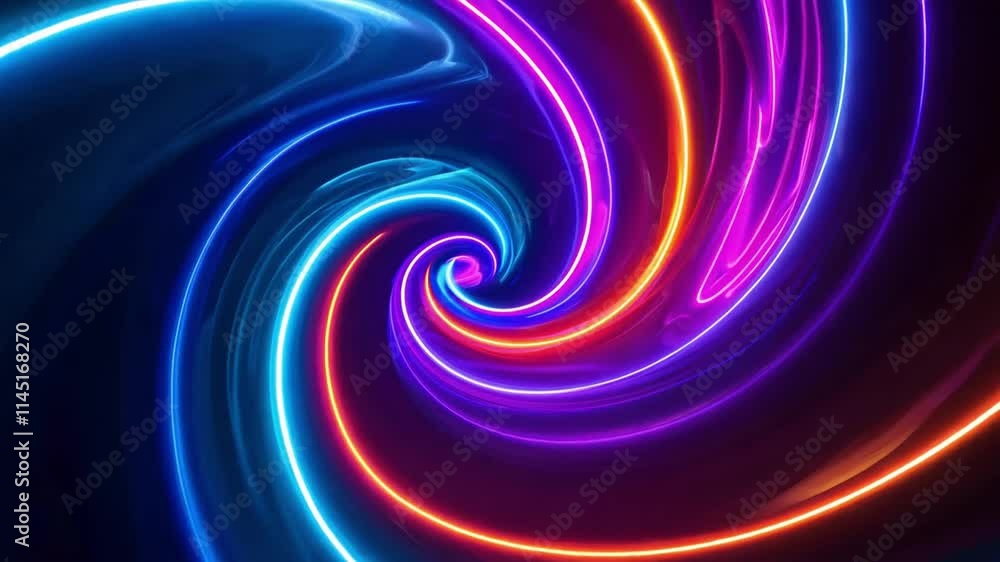 Vibrant neon spirals twirling, blending electric hues into hypnotic abstract visual display