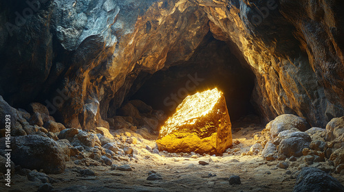 Gold nugget discovered in treasure filled tunnel, cartoon mine industry scene, rock wealth unearthed in mineral rich cavern, illustrated stone background with golden ore.