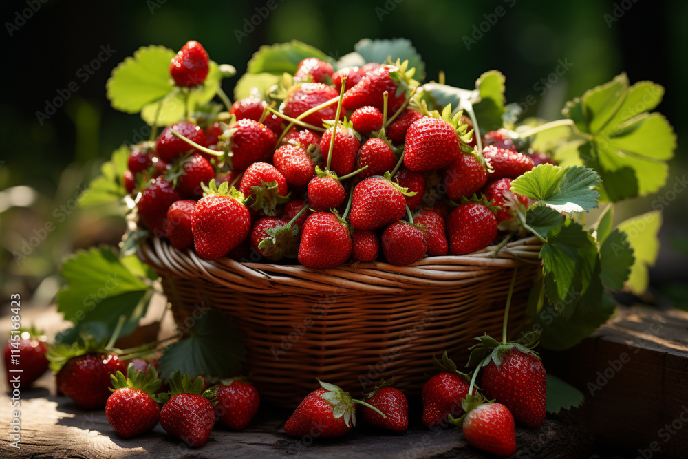 A basket full of strawberries sitting in the grass.,. A basket full of strawberries sitting in the grass.,.