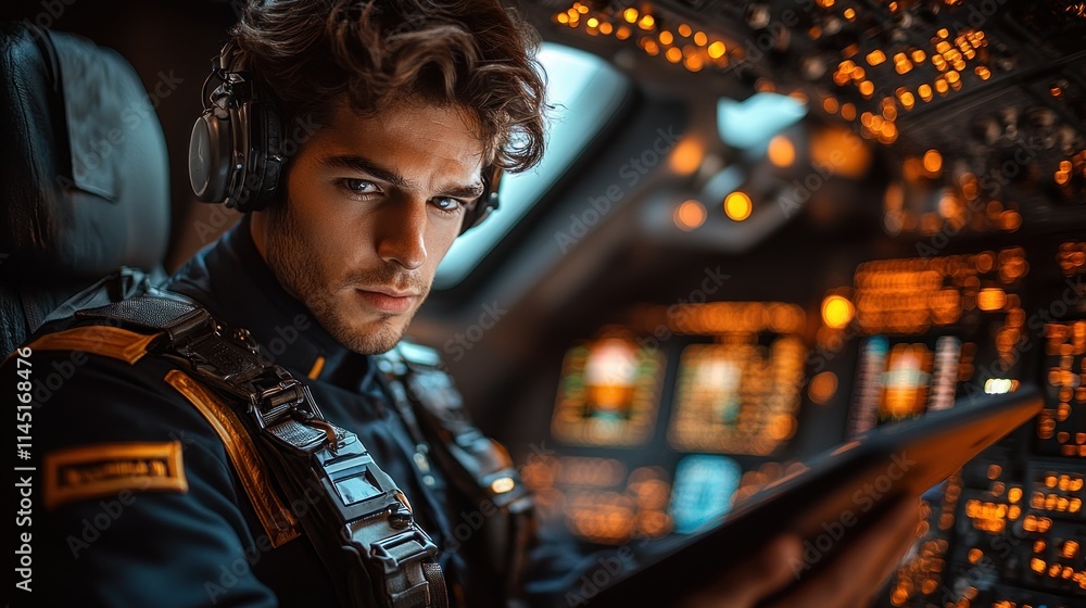 Fototapeta premium A focused pilot in a high-tech cockpit, preparing for flight with a tablet in hand.