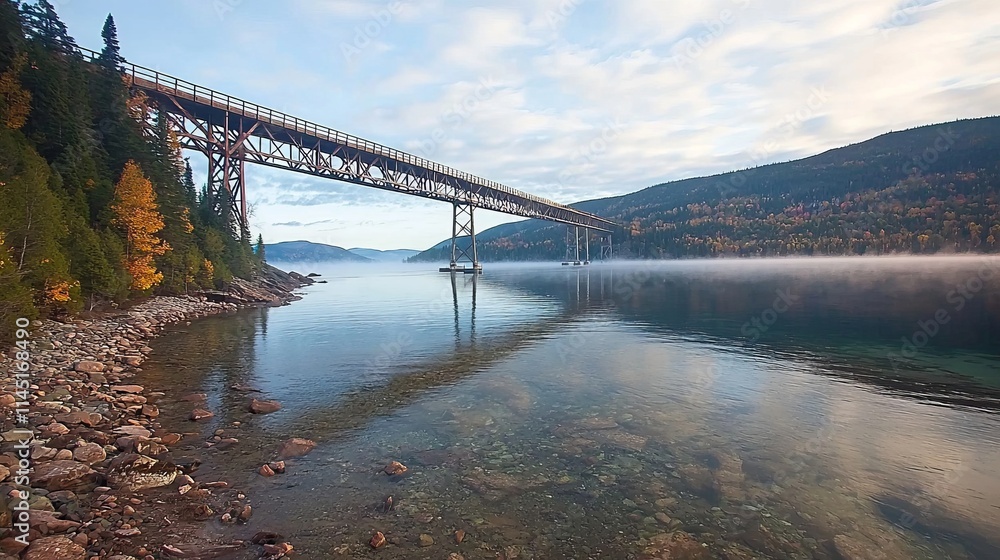 Fototapeta premium Scenic view of a bridge over a calm river surrounded by mountains and trees.