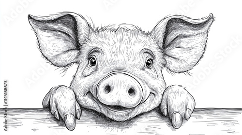 Pig coloring page in book, outline drawing of happy farm animal, nature inspired cartoon character graphic illustration creative expression, black and white design. photo