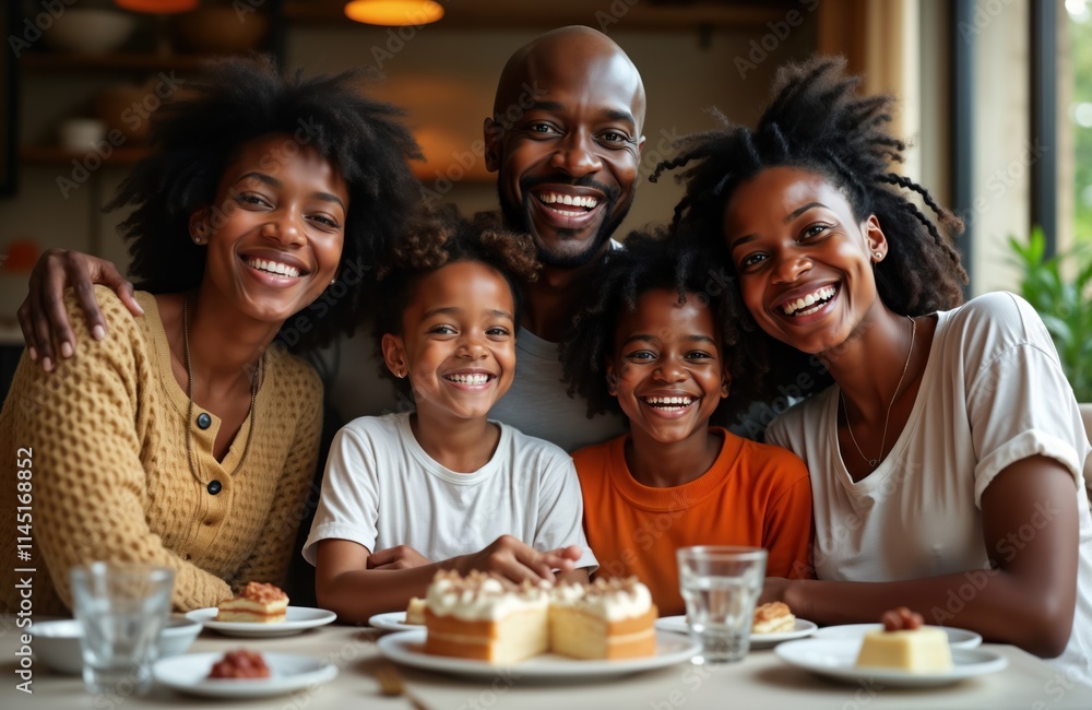 Obraz premium Happy African family enjoys sweet food together at dining table in home dining room. Smiling parents, children gathered around table filled with dessert. Family celebration time. Joyful moment.