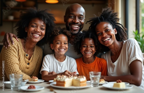 Happy African family enjoys sweet food together at dining table in home dining room. Smiling parents, children gathered around table filled with dessert. Family celebration time. Joyful moment.