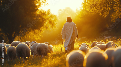 The good shepherd jesus christ leading the sheep on a sunny meadow, messiah, bible, savior.