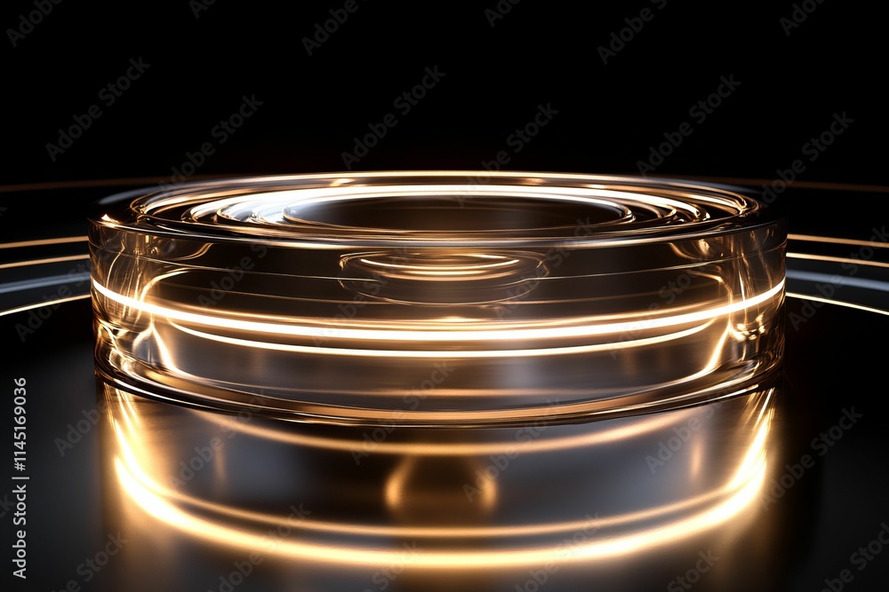 Illuminated glass cylinder, dark background, concentric rings. Illuminated glass cylinder, dark background, concentric rings.