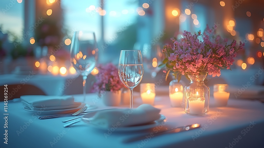 A clean elegant table set with neutral linens fine tableware and soft ambient lighting for a sophisticated dining experience A clean elegant table set with neutral linens fine tableware and soft ambient lighting for a sophisticated dining experience