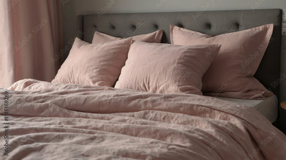 Pink Bed, Comfortable bed with pillows in luxurious bedroom, Cozy bed styled with soft pink, Pink Bed in Simple Background Pink Bed, Comfortable bed with pillows in luxurious bedroom, Cozy bed styled with soft pink, Pink Bed in Simple Background