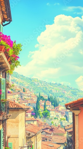 Scenic view of a colorful hillside town with blooming flowers.
