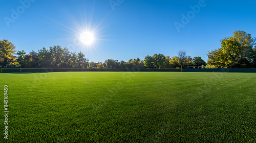 A perfectly maintained baseball field with pristine grass bright white bases and a sunny blue sky above. photo