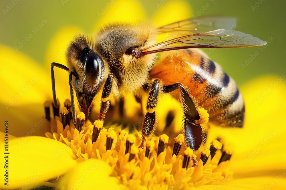 Close-up of a honey bee collecting nectar from a vibrant yellow flower in a sunny meadow during daytime Close-up of a honey bee collecting nectar from a vibrant yellow flower in a sunny meadow during daytime