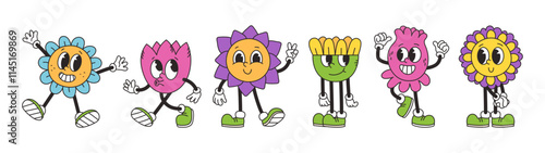 Botanical set of retro groovy characters. Funny vintage mascot flower. Vector trendy isolated doodle illustration