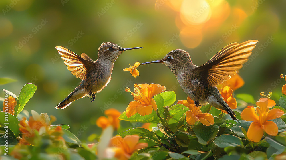 Fototapeta premium A tiny hummingbird chick learning to fly with its mother nearby in a tropical garden,