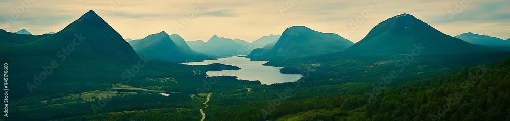Serene mountain lake nestled in a valley, surrounded by lush green forests and towering peaks under a soft sky. Serene mountain lake nestled in a valley, surrounded by lush green forests and towering peaks under a soft sky.