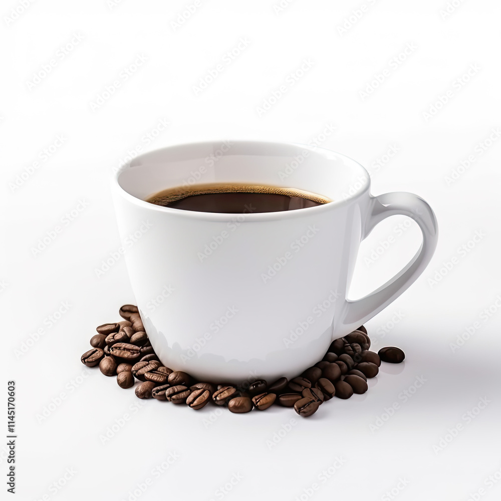 Black morning coffee in ceramic cup standing on heap of brown beans on a white background Black morning coffee in ceramic cup standing on heap of brown beans on a white background
