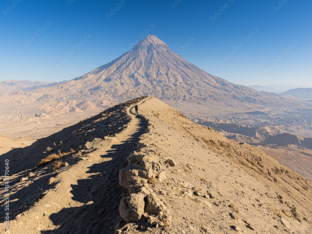 Scenic view of a mountain peak with a winding path in a clear sky. Scenic view of a mountain peak with a winding path in a clear sky.
