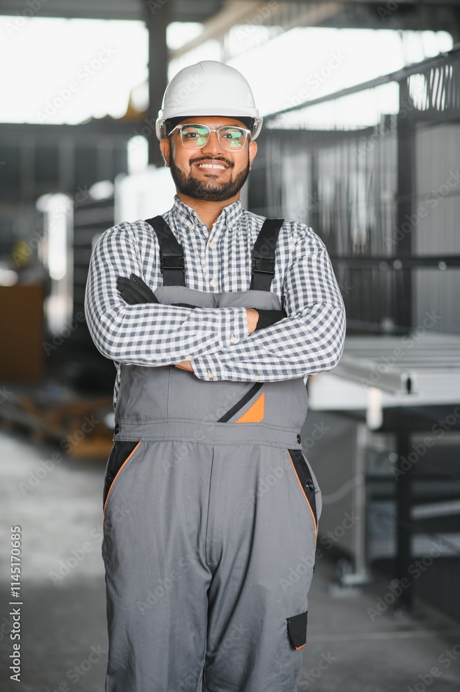 Young Indian male engineer wearing safety workwear standing in the factory Young Indian male engineer wearing safety workwear standing in the factory