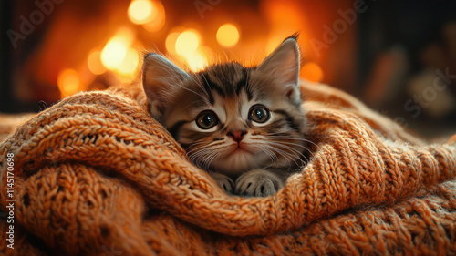 A tiny kitten curled up in a cozy knitted blanket by a glowing fireplace, photo