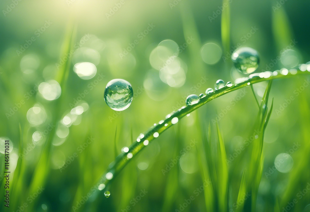 Large water drops of dew with reflecting sun on stem of green grass on light green background with b Large water drops of dew with reflecting sun on stem of green grass on light green background with b