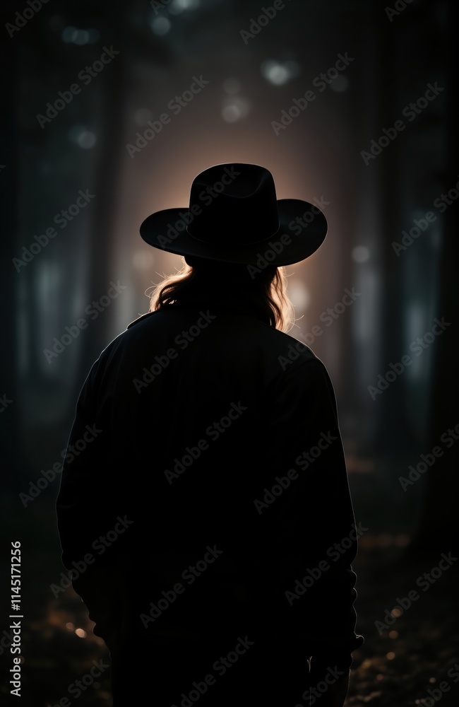 Mysterious dark silhouette of person wearing hat at night. Person stands alone in urban area. Dramatic scene evokes feeling of danger, mystery. Possibly detective spy in tense moment criminal in Mysterious dark silhouette of person wearing hat at night. Person stands alone in urban area. Dramatic scene evokes feeling of danger, mystery. Possibly detective spy in tense moment criminal in