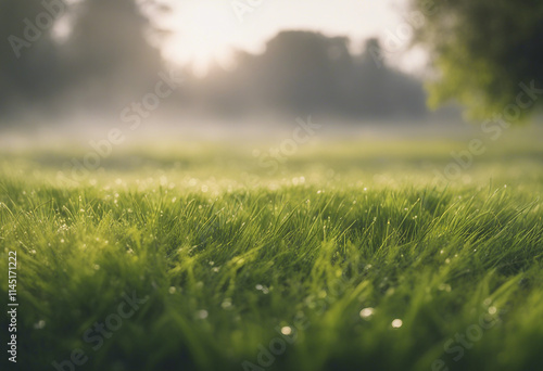 Beautiful summer natural landscape with lawn with cut fresh grass in early morning with light fog Pa