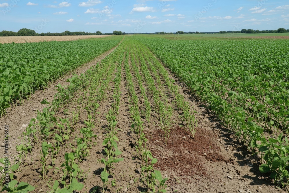 Lush Mid-Season Soybean Field Under Bright Daylight with Dead Broadleaf Weeds Between Rows in Central Iowa, Showcasing Agricultural Growth and Protection Lush Mid-Season Soybean Field Under Bright Daylight with Dead Broadleaf Weeds Between Rows in Central Iowa, Showcasing Agricultural Growth and Protection