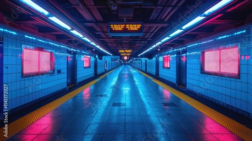 A vibrant, illuminated subway station corridor with neon lights reflecting on the floor.