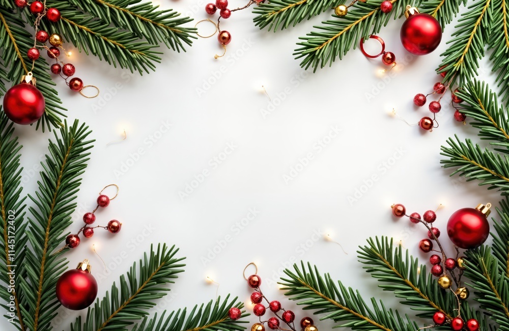 Festive Christmas decor frame on white background. Fir branches, red baubles, berries, fairy lights create joyful atmosphere. Perfect for holiday cards, invitations, social media. Ideal for winter Festive Christmas decor frame on white background. Fir branches, red baubles, berries, fairy lights create joyful atmosphere. Perfect for holiday cards, invitations, social media. Ideal for winter