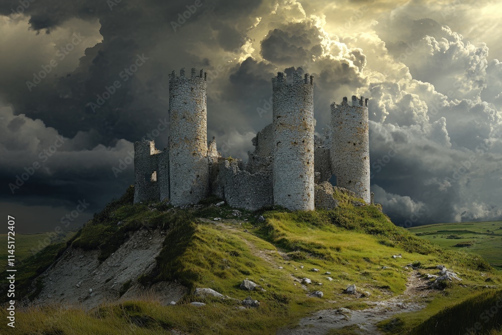 Dramatic Storm Over Ancient Castle Ruins: A Glimpse of Historical Architecture on a Hill Dramatic Storm Over Ancient Castle Ruins: A Glimpse of Historical Architecture on a Hill