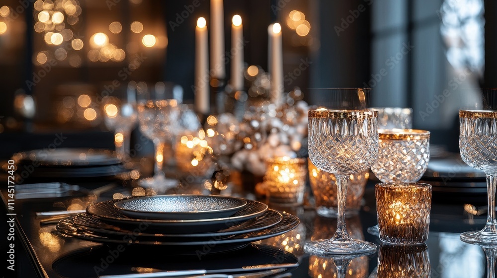 An enchanting dinner table adorned with refined dishware, shimmering glass, and ornate candles atop a sleek surface against a clean backdrop. An enchanting dinner table adorned with refined dishware, shimmering glass, and ornate candles atop a sleek surface against a clean backdrop.