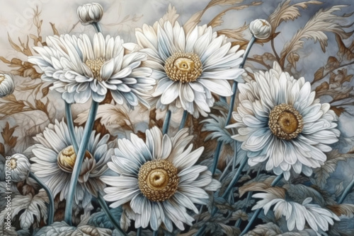 daisies in a field on a white background, illustration., watercolor style,