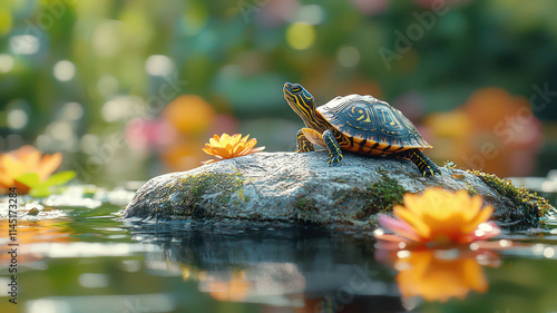 A tiny turtle sunbathing on a smooth rock surrounded by a tranquil pond, photo