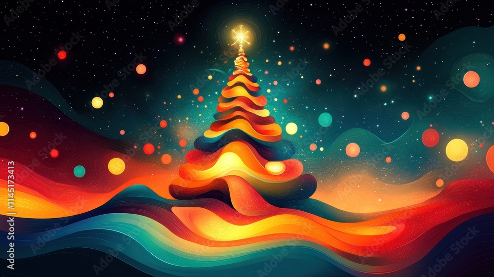 abstract colorful christmas tree with glowing lights illustration