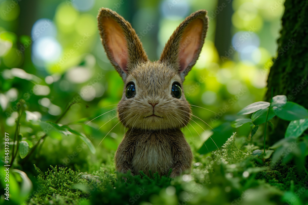 Fototapeta premium A small brown rabbit sitting in the middle of a lush green forest