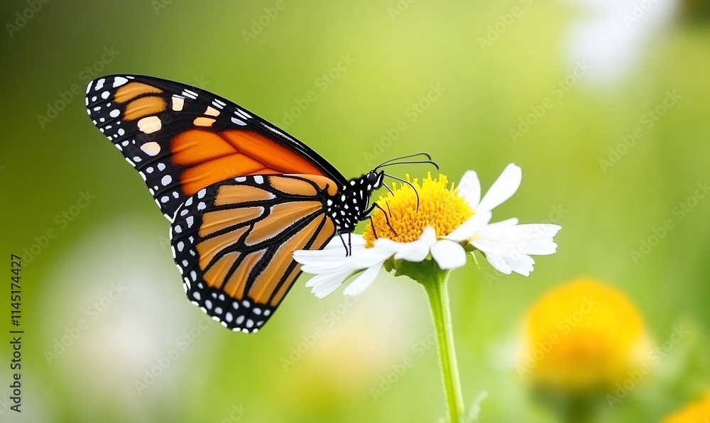 A vibrant butterfly perched on a daisy in a lush, green environment. A vibrant butterfly perched on a daisy in a lush, green environment.