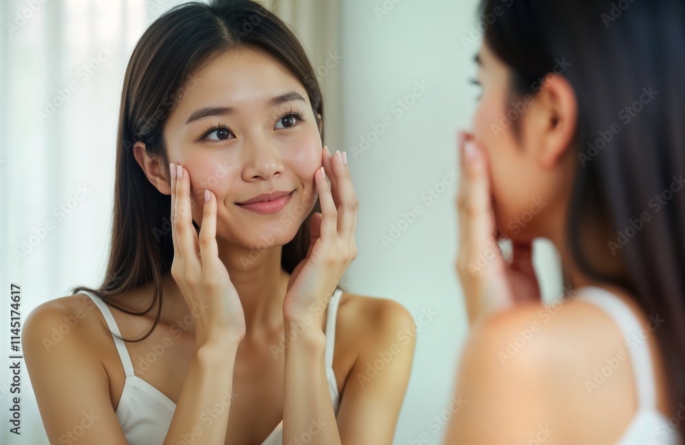Young asian woman examines face in mirror. Touching skin gently. Looks happy, confident. Home beauty routine. Healthy, glowing skin. Natural fashion style. Healthy beauty concept. Care product use at