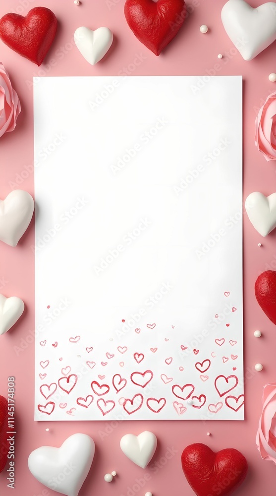 White banner with hand drawn hearts on romantic background of red and white pink hearts and roses White banner with hand drawn hearts on romantic background of red and white pink hearts and roses