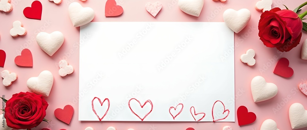 White banner with hand drawn hearts on romantic background of red and white pink hearts and roses White banner with hand drawn hearts on romantic background of red and white pink hearts and roses
