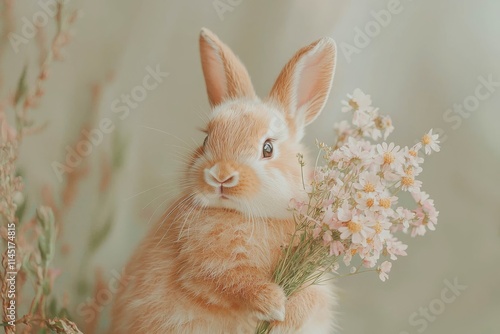 A fluffy bunny holding a bouquet of wildflowers, posing like a model. photo