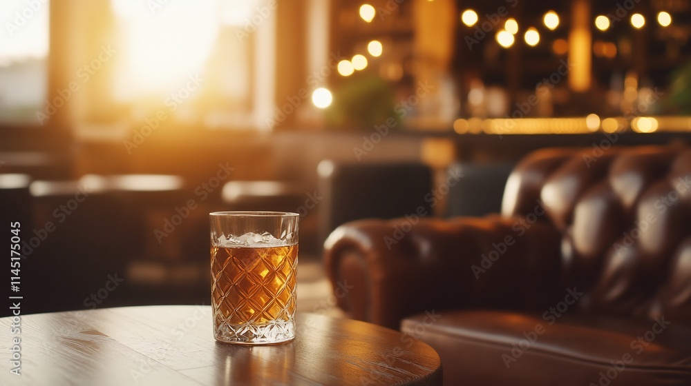 A glass of whiskey on a wooden table in a cozy bar setting. A glass of whiskey on a wooden table in a cozy bar setting.