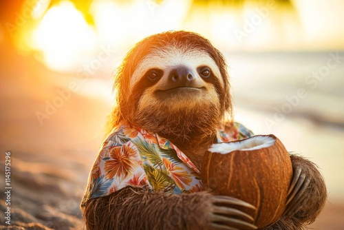 Charming sloth in a Hawaiian shirt, relaxing with a coconut drink on a beach. photo