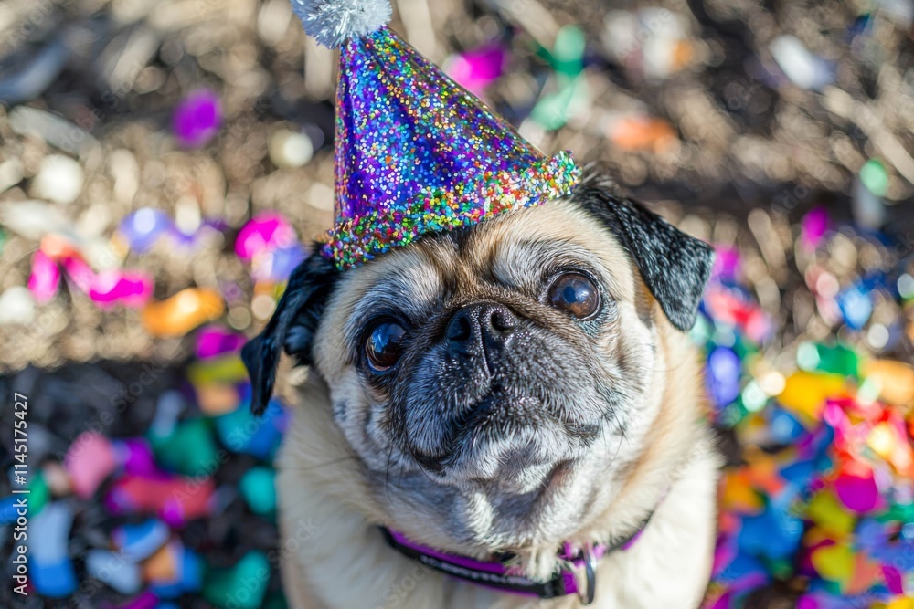 Cheerful pug dog wearing a party hat, blowing a horn, and surrounded by confetti. Cheerful pug dog wearing a party hat, blowing a horn, and surrounded by confetti.