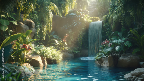 Fototapeta Naklejka Na Ścianę i Meble -  Enchanted digital jungle oasis with exotic flora, animated fauna, and serene waterfall pool. Oasis. Illustration