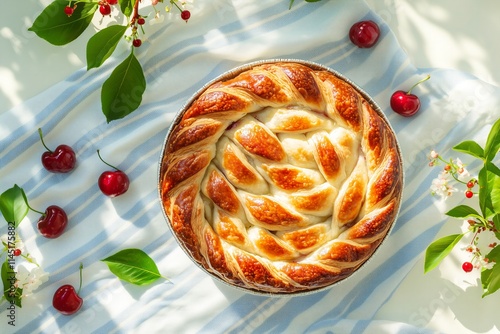 National Cherry Pie Day cherry pie with a flaky golden crust and lattice design, placed on a blue and white gingham-patterned tablecloth, February 20 photo