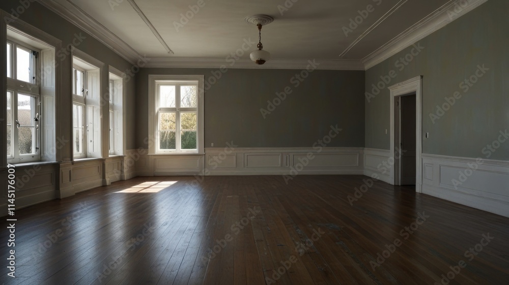 Empty, spacious, historical room with hardwood floors and large windows. Sunlight streams into the room. Empty, spacious, historical room with hardwood floors and large windows. Sunlight streams into the room.