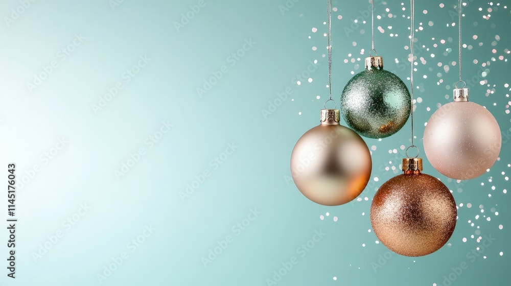 Festive pastel Christmas ornaments hanging against a teal background with glitter. Festive pastel Christmas ornaments hanging against a teal background with glitter.