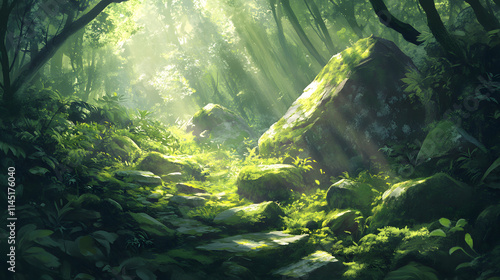 Wallpaper Mural A serene tropical jungle clearing surrounded by vibrant greenery and vines sunlight streaming through the canopy onto moss-covered stones. Torontodigital.ca