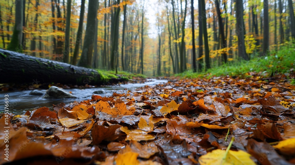 A serene forest scene with autumn leaves and a gentle stream. A serene forest scene with autumn leaves and a gentle stream.