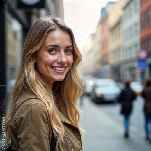 Happy young woman stands on city street. Long blonde hair in ponytail. Smiles at camera. City buildings blurred in background. Wears casual attire. Summer day in European city. Candid portrait in